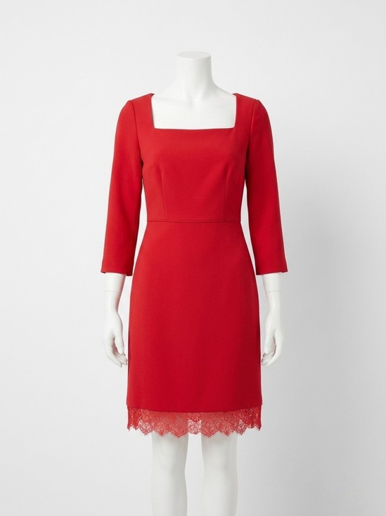 Ann Taylor Dresses & Skirts - Ann Taylor Red Square-Neck Lace Hem 3/4 Sleeve Sheath Dress Size 0